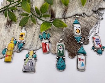 Western BEER Bottle Necklace, Faux Turquoise, Western Necklace