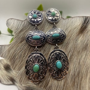 Western Concho Drop Down Earrings with Faux Turquoise Stones, Western Earrings