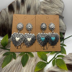 Western Earrings with Faux Turquoise Heart Shaped Stone - Faux Turquoise - Western Earrings - Heart Earrings