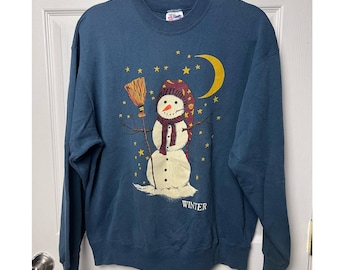 Vintage Snowman Winter Sweatshirt Pullover Crewneck Hanes Activewear Size Large