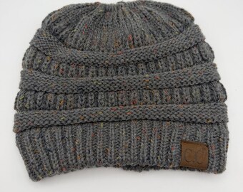 C.C. Exclusives Beanie Ponytail Messy Bun Gray Confetti Ribbed Knit Beanie Hat