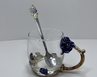 Handicraft Crystal Glass Short Decorative Coffee Cup 11oz Blue Rose Butterfly