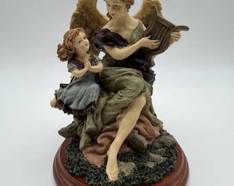 House of Lloyd Vintage Angel Playing Harp w/Child Resin Figurine 7"