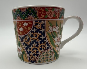 Gumps Karakusa Japanese Porcelain Mug Imari Red Blue Green Gold Tones
