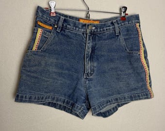 No Excuses Y2K Vintage Denim Shorts Size 11/12 Rainbow Ribbon Side Trim