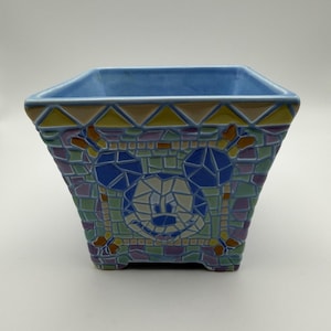 Disney Welcomes 2000 Planter Mickey & Minnie Mouse Mosaic Blue Flower Pot FTD