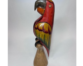 Balsa Wood Parrot Figurine 13" Vintage Hand Carved Hand Painted