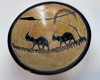 Vintage African Soapstone Bowl Carved & Etched Trinket Dish Elephant, 8"