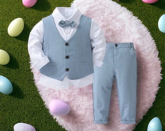 Boys Formal Long Sleeve Shirt Vest Pants Bow Tie Birthday Outfit Gentlemen Style