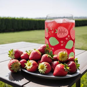 Strawberry Glass Cup | Tumbler Glass with Straw | 16oz Iced Coffee Cup | Cute Fruit Print Drinkware | Summer Tumbler | Trendy Kitchen Gift