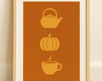 Pumpkin Spice Kitchen Print – Minimalist Autumn Wall Art – Cozy Fall Tea and Coffee Poster for Seasonal Home Decor