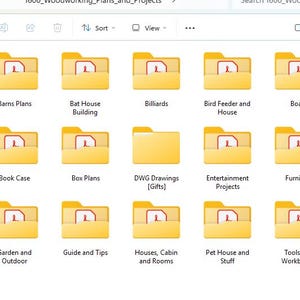 May include: A computer screen displaying a file directory with various folders. The folders are yellow and labeled with woodworking project categories such as "Barns Plans", "Bat House Building", and "Furniture". Each folder has a document icon.