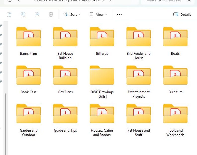 May include: A computer screen displaying a file directory with various folders. The folders are yellow and labeled with woodworking project categories such as "Barns Plans", "Bat House Building", and "Furniture". Each folder has a document icon.