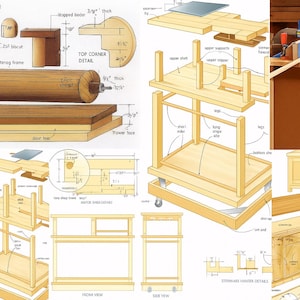May include: Detailed woodworking diagrams and illustrations, including top corner details, a steering frame, and a stopped bador. The diagrams show various woodworking projects, including a table and a cabinet, with measurements in inches.