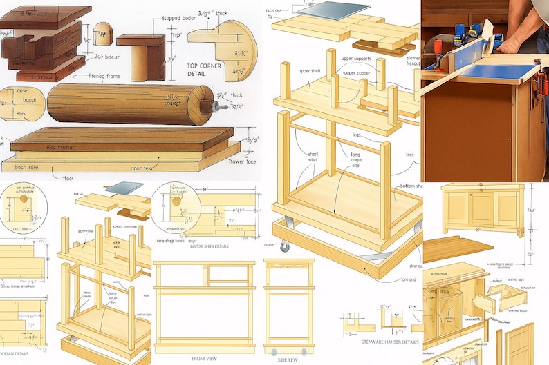 May include: Detailed woodworking diagrams and illustrations, including top corner details, a steering frame, and a stopped bador. The diagrams show various woodworking projects, including a table and a cabinet, with measurements in inches.