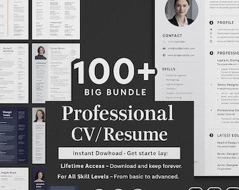 100+ Modern Professional CV Resume Templates | Editable in Word, Indesign, Illustrator & PDF | Instant Download | Job Resume Bundle 2025