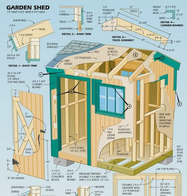May include: Detailed diagram of a garden shed construction, featuring labeled components like trusses, rafters, and siding. The shed is shown with a door, window, and roof, with measurements in inches and feet. The text "GARDEN SHED" is at the top.