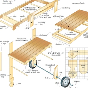 May include: Detailed diagram of a wooden cart with an adjustable shelf. The diagram includes measurements in inches for various components like dowels, legs, and shelf dimensions. The cart features wheels, a handle, and a fixed bottom shelf assembly.