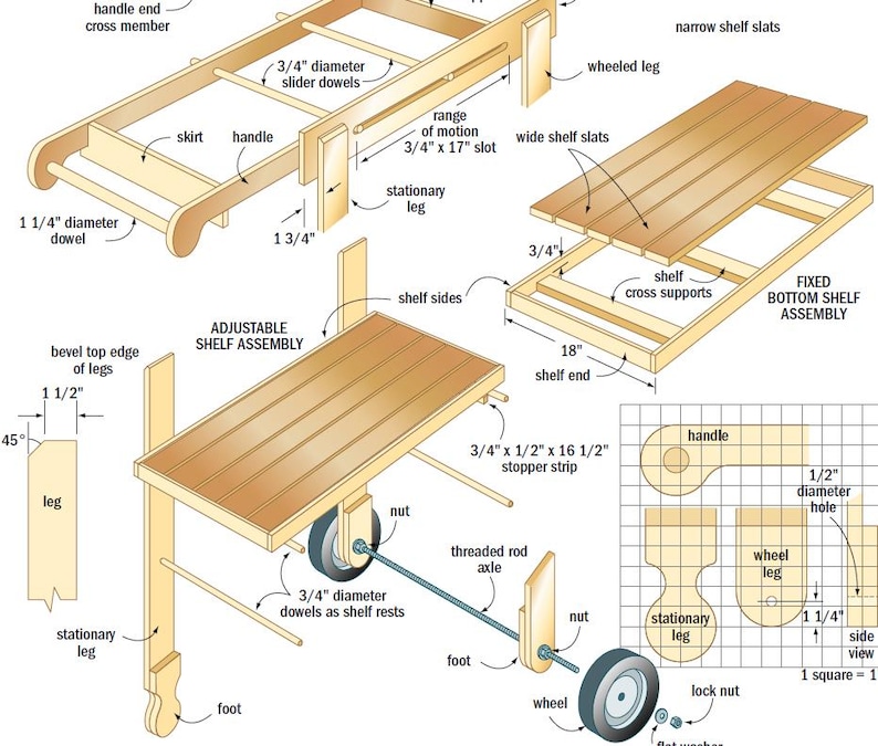 May include: Detailed diagram of a wooden cart with an adjustable shelf. The diagram includes measurements in inches for various components like dowels, legs, and shelf dimensions. The cart features wheels, a handle, and a fixed bottom shelf assembly.