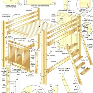 May include: Detailed diagram of a wooden loft bed frame, showing various components like support boards, safety rails, and a ladder. Dimensions are provided in inches, with labels for each part, ideal for DIY projects.
