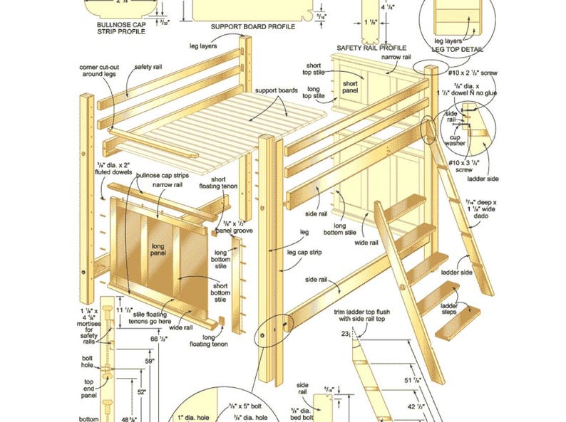 May include: Detailed diagram of a wooden loft bed frame, showing various components like support boards, safety rails, and a ladder. Dimensions are provided in inches, with labels for each part, ideal for DIY projects.