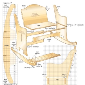 May include: Detailed woodworking plan for a rocking chair, featuring labeled diagrams of the back, seat, rockers, and support structure. Includes measurements in inches and fractions, with annotations for grain direction and joinery details.