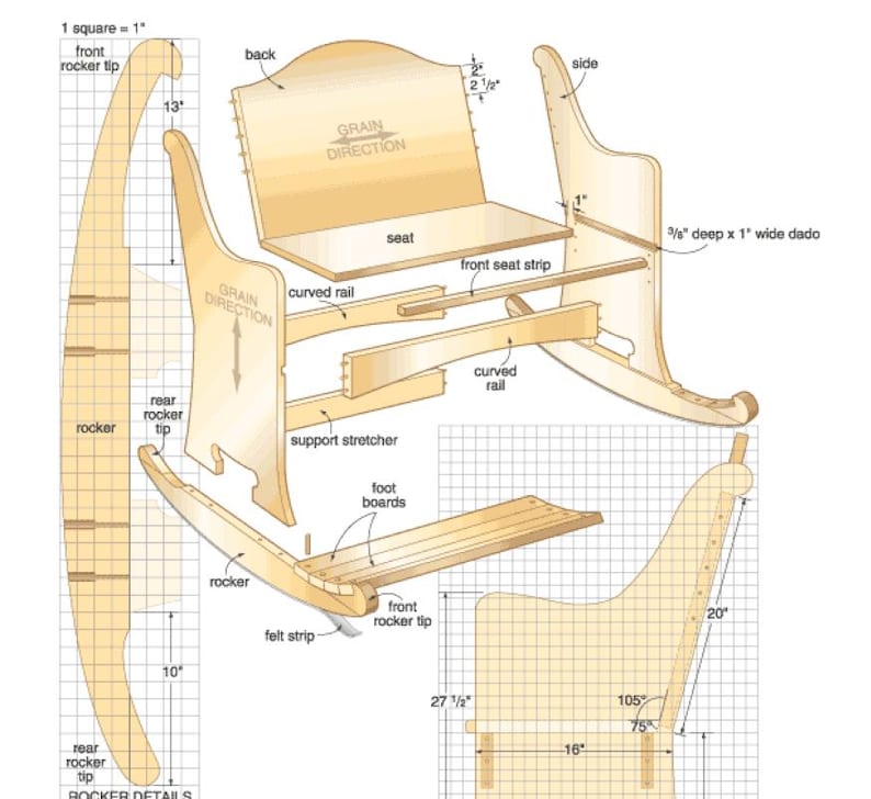 May include: Detailed woodworking plan for a rocking chair, featuring labeled diagrams of the back, seat, rockers, and support structure. Includes measurements in inches and fractions, with annotations for grain direction and joinery details.