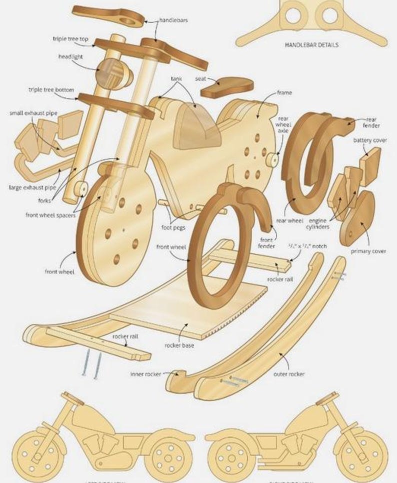 May include: An exploded view diagram of a wooden motorcycle toy, showcasing its various components. The toy features a rocker base, front and rear wheels, handlebars, and engine cylinders. The diagram includes labels for each part, providing a detailed look at the toy's construction.