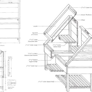 May include: Detailed architectural drawing of a cedar potting bench. The bench features a slatted shelf, angled lid, and various dimensions in inches. Includes front elevation, side view, and detailed component diagrams.