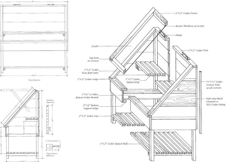 May include: Detailed architectural drawing of a cedar potting bench. The bench features a slatted shelf, angled lid, and various dimensions in inches. Includes front elevation, side view, and detailed component diagrams.