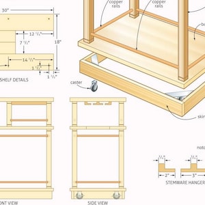 May include: Detailed diagram of a wooden bar cart with dimensions in inches. The design includes a middle shelf, copper rails, stemware hanger details, and casters for mobility. The front and side views are also shown.