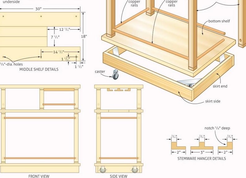 May include: Detailed diagram of a wooden bar cart with dimensions in inches. The design includes a middle shelf, copper rails, stemware hanger details, and casters for mobility. The front and side views are also shown.