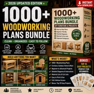 Puede incluir: Un paquete de 1000+ planos de carpintería, actualizado para 2026, para proyectos de bricolaje. Incluye instrucciones paso a paso, diagramas detallados y listas de materiales. Adecuado para todos los niveles. Planos para bancos de trabajo, mesas, sillas, etc.