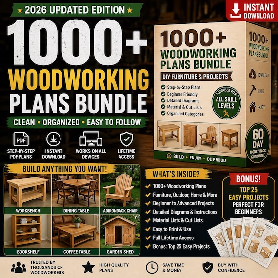 1000+ Woodworking Plans Bundle 2026 | Clean & Organized DIY Furniture Projects | Easy Step-by-Step PDF | Instant Download