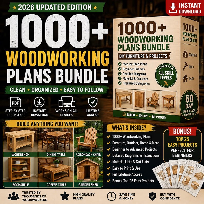 May include: A bundle of 1000+ woodworking plans, updated for 2026, with step-by-step instructions for DIY furniture and projects. Includes detailed diagrams, material lists, and is suitable for all skill levels. Features plans for workbenches, tables, chairs, and more.