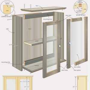 May include: An exploded diagram of a wall-mounted cabinet with a glass door. The cabinet is shown in various stages of assembly, with labels indicating parts like the top, shelf, and door stiles. The cabinet is light brown with a glass door.
