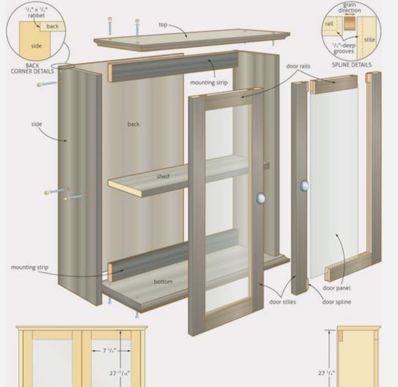 May include: An exploded diagram of a wall-mounted cabinet with a glass door. The cabinet is shown in various stages of assembly, with labels indicating parts like the top, shelf, and door stiles. The cabinet is light brown with a glass door.