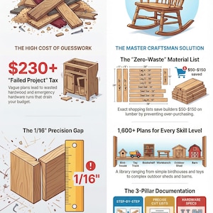 May include: An infographic titled "From Scrap to Heirloom" details woodworking plans. It shows the high cost of guesswork, a master craftsman solution, and the 1/16" precision gap. The image includes a rocking chair, lumber, and a variety of woodworking projects.