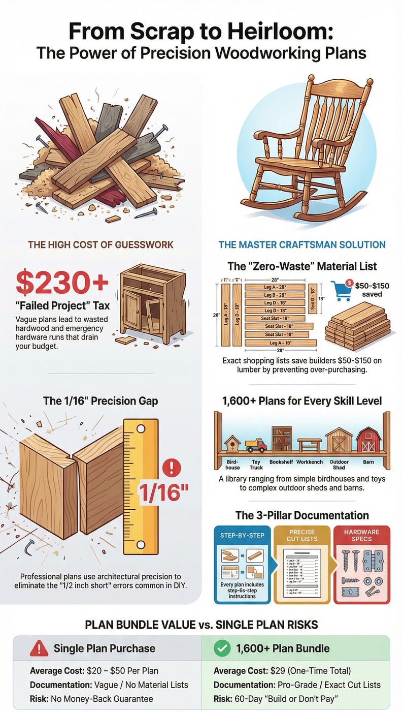 May include: An infographic titled "From Scrap to Heirloom" details woodworking plans. It shows the high cost of guesswork, a master craftsman solution, and the 1/16" precision gap. The image includes a rocking chair, lumber, and a variety of woodworking projects.
