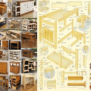 May include: A collage of wooden furniture and woodworking plans. The furniture includes tables, chests, shelves, and chairs. The plans show detailed diagrams for constructing a bed frame and a small house, with measurements and assembly instructions.