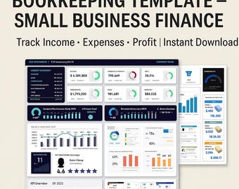 May include: A digital bookkeeping template for small business finance. The image displays a dashboard with charts, graphs, and financial data. The template tracks income, expenses, and profit. The design includes a variety of data visualizations and key performance indicators.