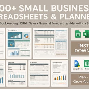 Könnte beinhalten: Bild eines digitalen Produkts mit dem Text "800+ SMALL BUSINESS SPREADSHEETS & PLANNERS". Das Bild zeigt Tabellenkalkulationsvorlagen für Inventar, Buchhaltung, CRM, Vertrieb und Finanzprognosen. Sofort-Download-Optionen sind enthalten.