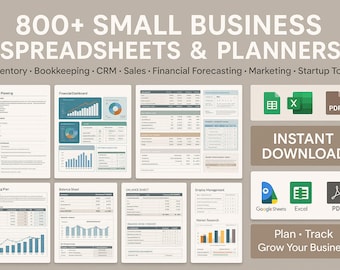800+ Small Business Spreadsheets & Planners | Inventory, Bookkeeping, CRM, Sales, Financial Forecasting, Marketing, Startup Tools, Tracker