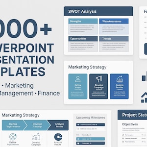 May include: A graphic showcasing over 9000 PowerPoint presentation templates. The image includes charts, graphs, and diagrams related to business, marketing, project management, finance, and strategy. The color scheme is primarily blue and white.