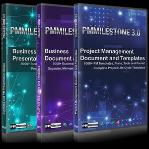May include: Three DVD cases labelled "PMMilestone 3.0". The cases are in blue and purple hues, with text stating "Business Presentation Slides", "Business Document and Templates", and "Project Management Document and Templates".
