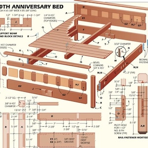 May include: An exploded diagram of a wooden bed frame, labeled "100th Anniversary Bed." The diagram shows the bed's components, including the headboard, footboard, side rails, and support beams. Measurements are in inches.