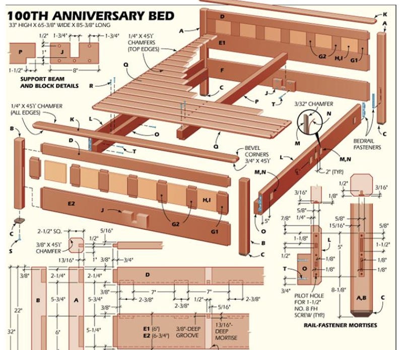 May include: An exploded diagram of a wooden bed frame, labeled "100th Anniversary Bed." The diagram shows the bed's components, including the headboard, footboard, side rails, and support beams. Measurements are in inches.
