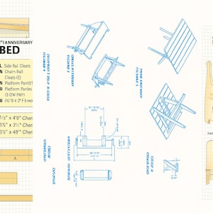 May include: Detailed blueprint of a bed, featuring multiple views and measurements. Includes diagrams of the frame, headboard, and side rails, with dimensions in inches and feet. Text includes "1001st Anniversary Bed" and parts lists.