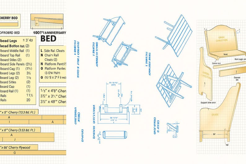 May include: Detailed blueprint of a bed, featuring multiple views and measurements. Includes diagrams of the frame, headboard, and side rails, with dimensions in inches and feet. Text includes "1001st Anniversary Bed" and parts lists.