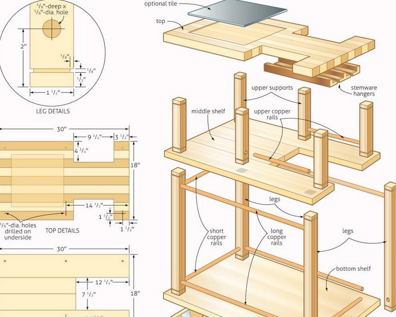 May include: An exploded diagram of a wooden table with detailed leg and top views. The table has a rectangular top, a middle shelf, and a bottom shelf. The legs are connected by copper rails. Measurements are in inches.